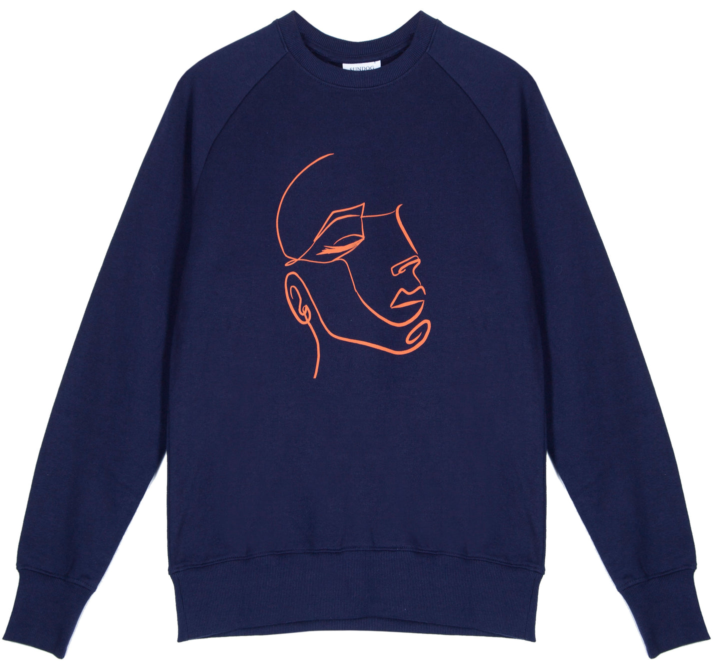 Unisex classic crew raglan sweatshirt, made from GOTS certified organic cotton with FaceIN print in Clementine colour printed with plastic free inks