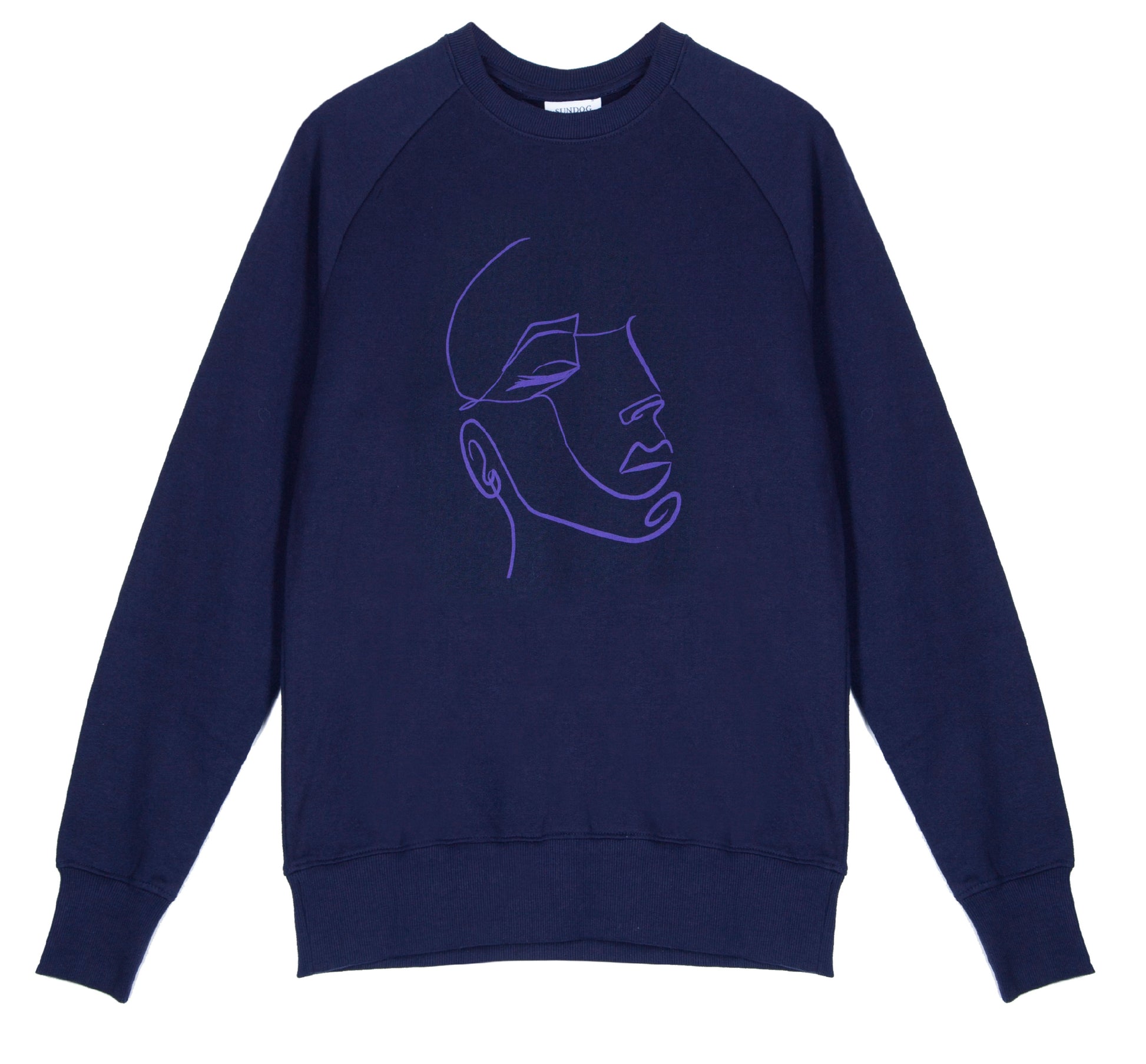 Unisex classic crew raglan sweatshirt, made from GOTS certified organic cotton with FaceIN print in Violet colour printed with plastic free inks