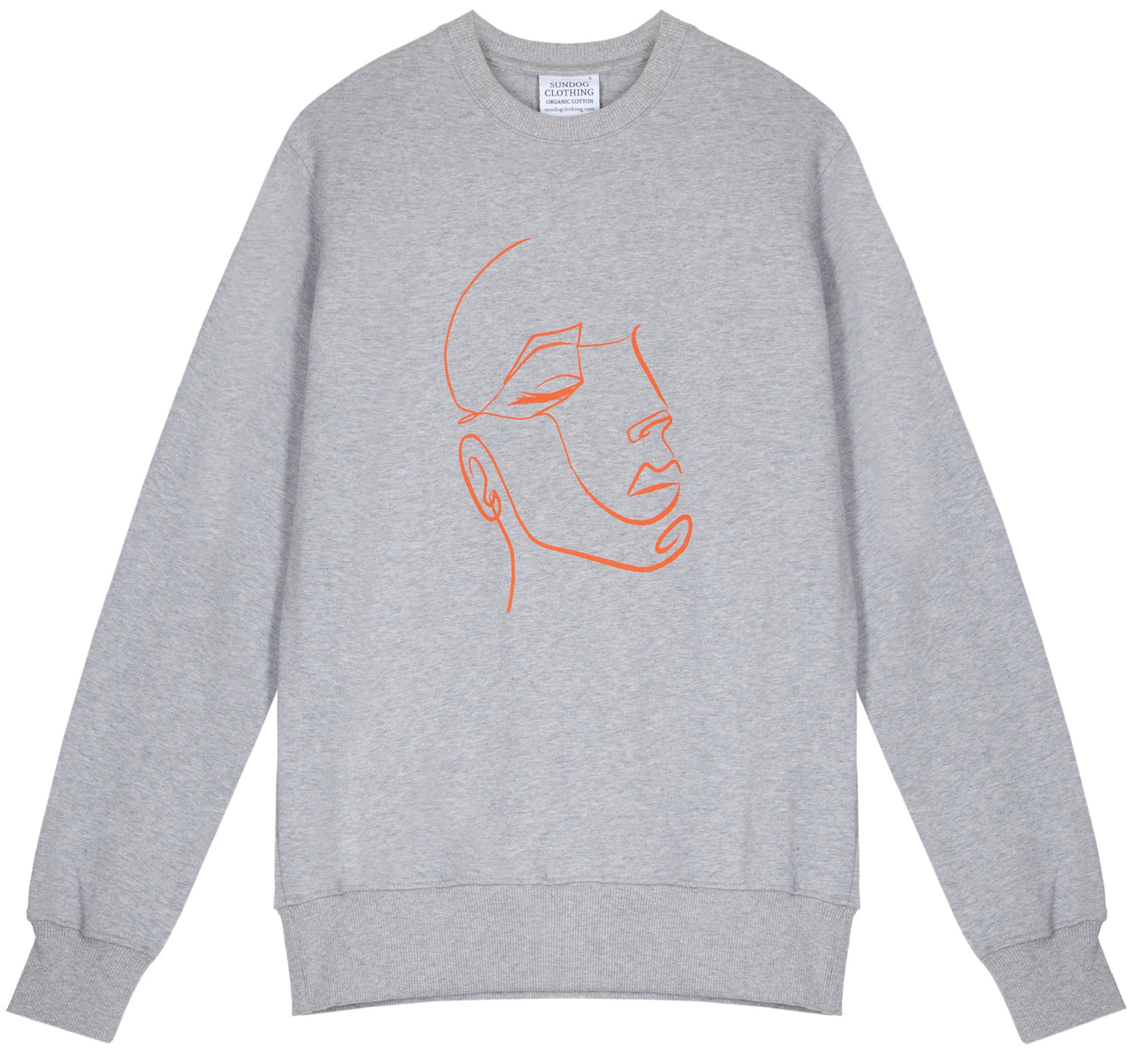 Unisex classic crew grey marl sweatshirt, made from GOTS certified organic cotton with FaceIN print in Clementine printed with plastic free inks