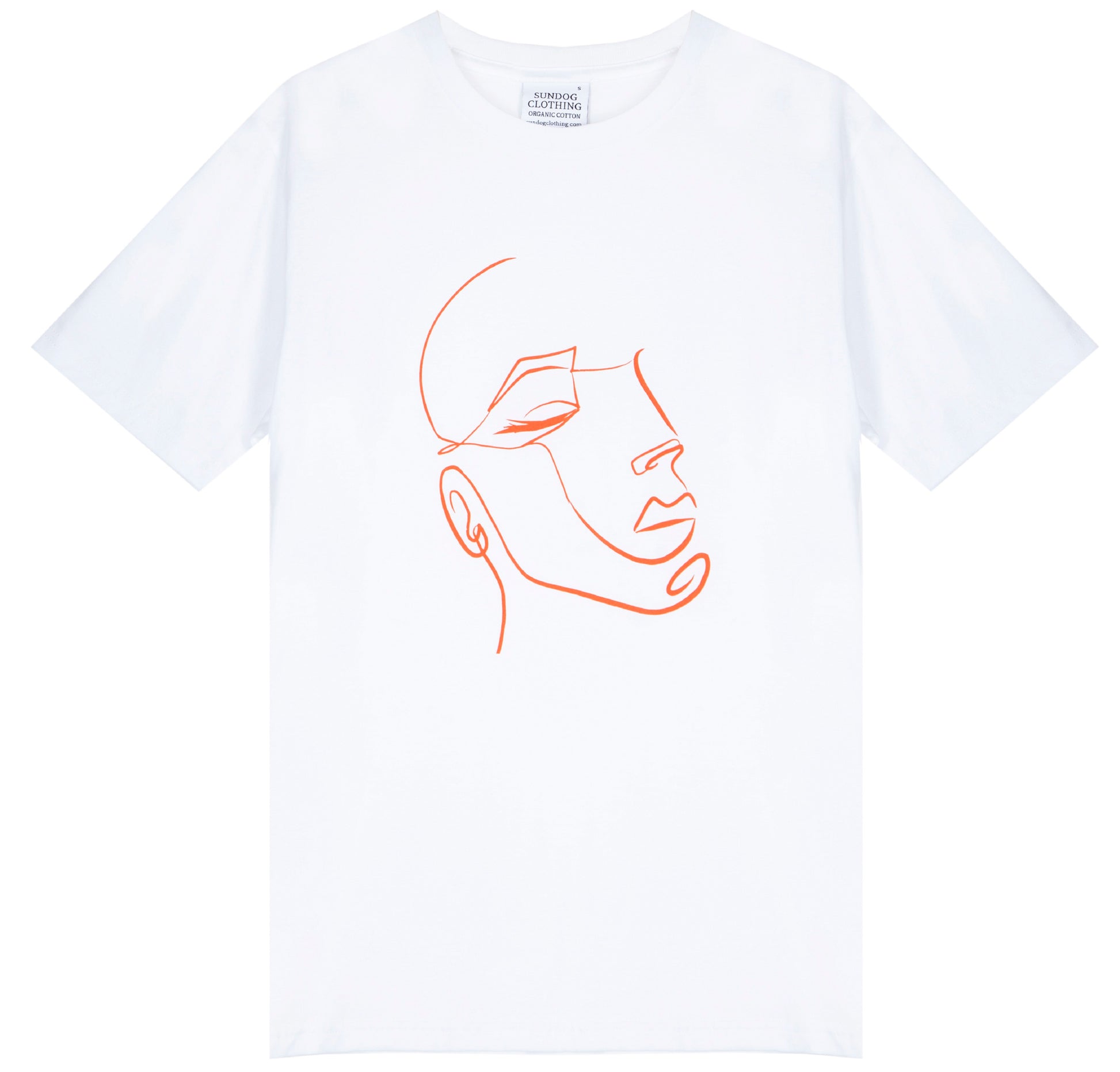 Unisex classic crew white T-shirt, made from GOTS certified organic cotton with FaceIN print in Clementine colour printed with plastic free inks