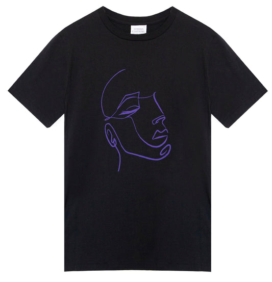 Unisex classic crew black  T-shirt, made from GOTS certified organic cotton with FaceIN print in Violet colour printed with plastic free inks
